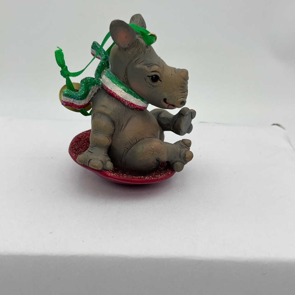 Danbury Mint Baby Rhino Christmas Ornament Glitter Sled Scarf Holiday Decor